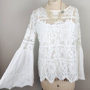 Romantic White Floral Lace Blouse with Flared Bell Sleeves by Adiva Ladies Med